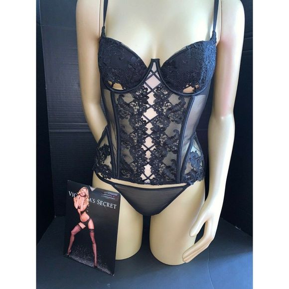 Victoria's Secret DESIGNER COLLECTION 34B,36C CORSET SET BLACK floral embroidery - Picture 13 of 15